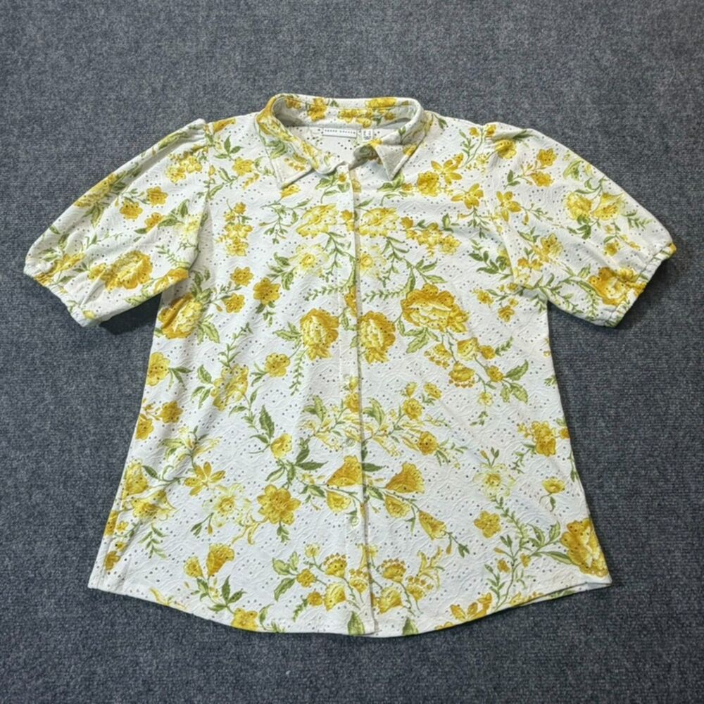 Susan Graver Floral Eyelet Button Front Blouse Large Yellow Green Cottagecore